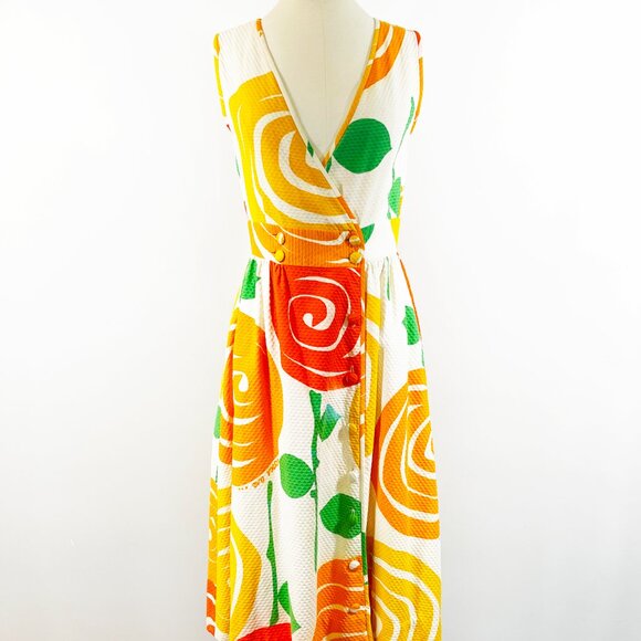 Vintage Handmade Cotton Wrap Dress – Size 2 – Abstract Rose Print - Picture 4 of 8